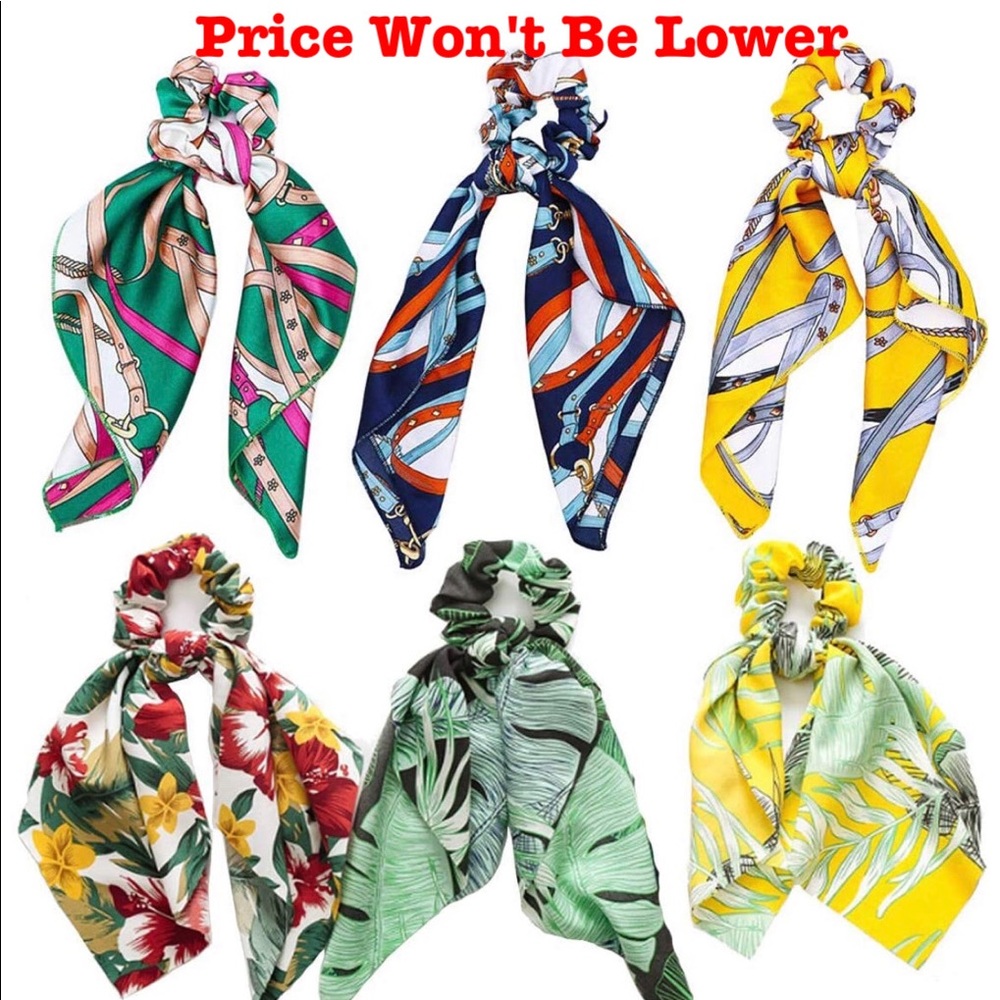 6 Pcs Hair Tie Scrunchies Bow Silk Tropical Floral